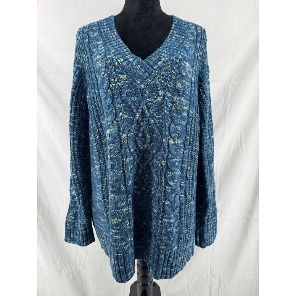 Love Ellie Blue Space Dye Cable Knit V-Neck Sweater Womens 2X Marled‎ Pullover